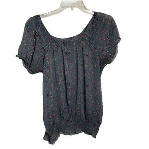 Mossimo Floral Short Sleeve Size XL Peasant Blouse Grey Chiffon‎ Polyester